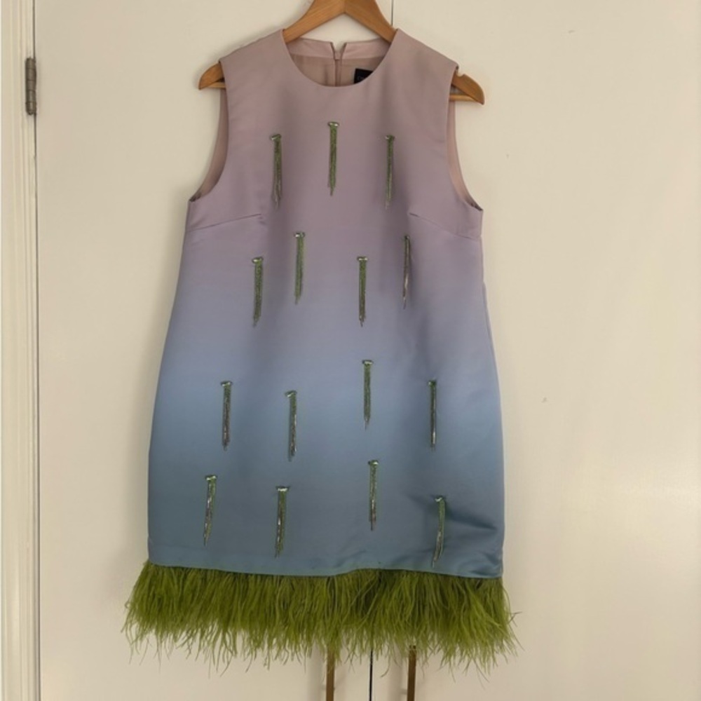 Cynthia Rowley Lavender to Blue Ombre Shift Dress with Green Feather Hem